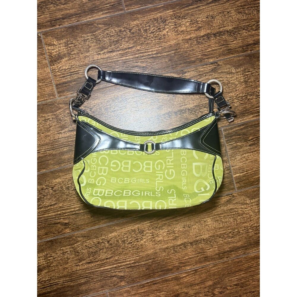 BCBGirls Monogram Logo Hobo Bag – Lime Green & Black Patent Trim